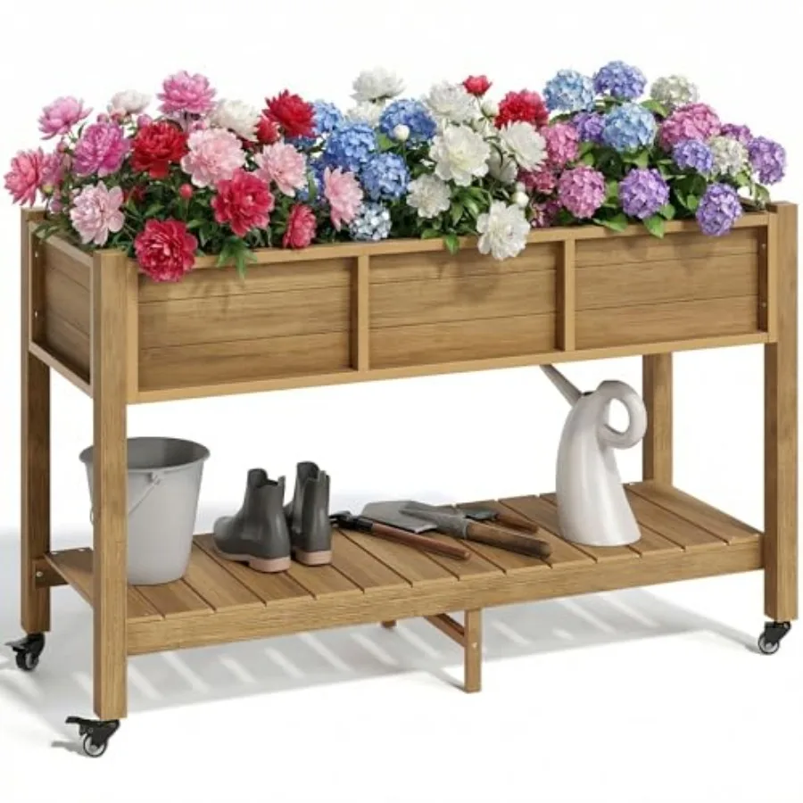 

Приподнятая грядка из HDPE 47x18x31 дюймов, коричневая, из полимерного дерева, устойчивая к погодным условиям, с колесами и фиксаторами, полка для хранения