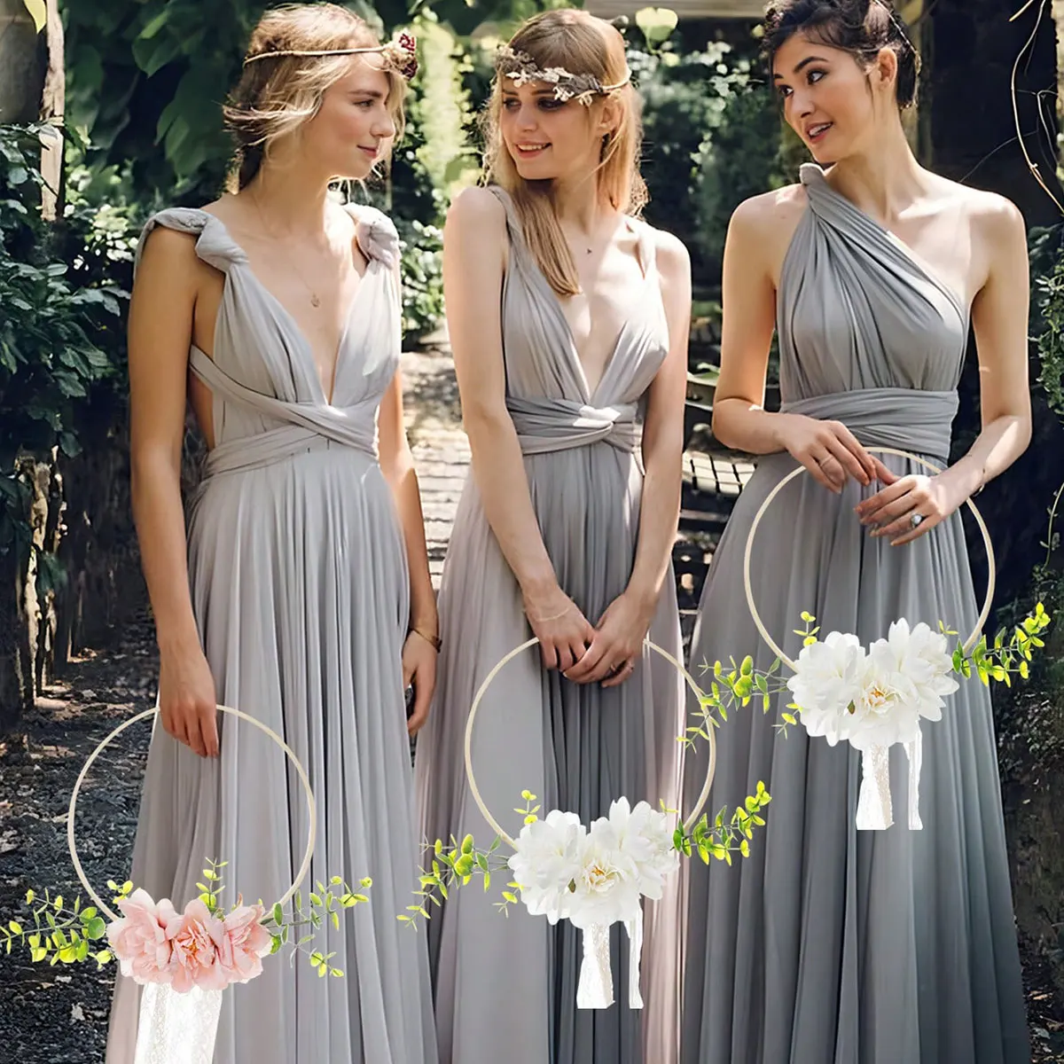 1Pc Wedding Round Bamboo Flower Wreath, Western-Style Wedding Bridesmaid Artificial Flower Handheld Wreath, Bridesmaid Rose Wreath, Suitable for Weddings and Festivals, Lace Tassel Home Decoration Wall Hanging Round Wreath, Photography Props, Wedding Dress Accessories view 3
