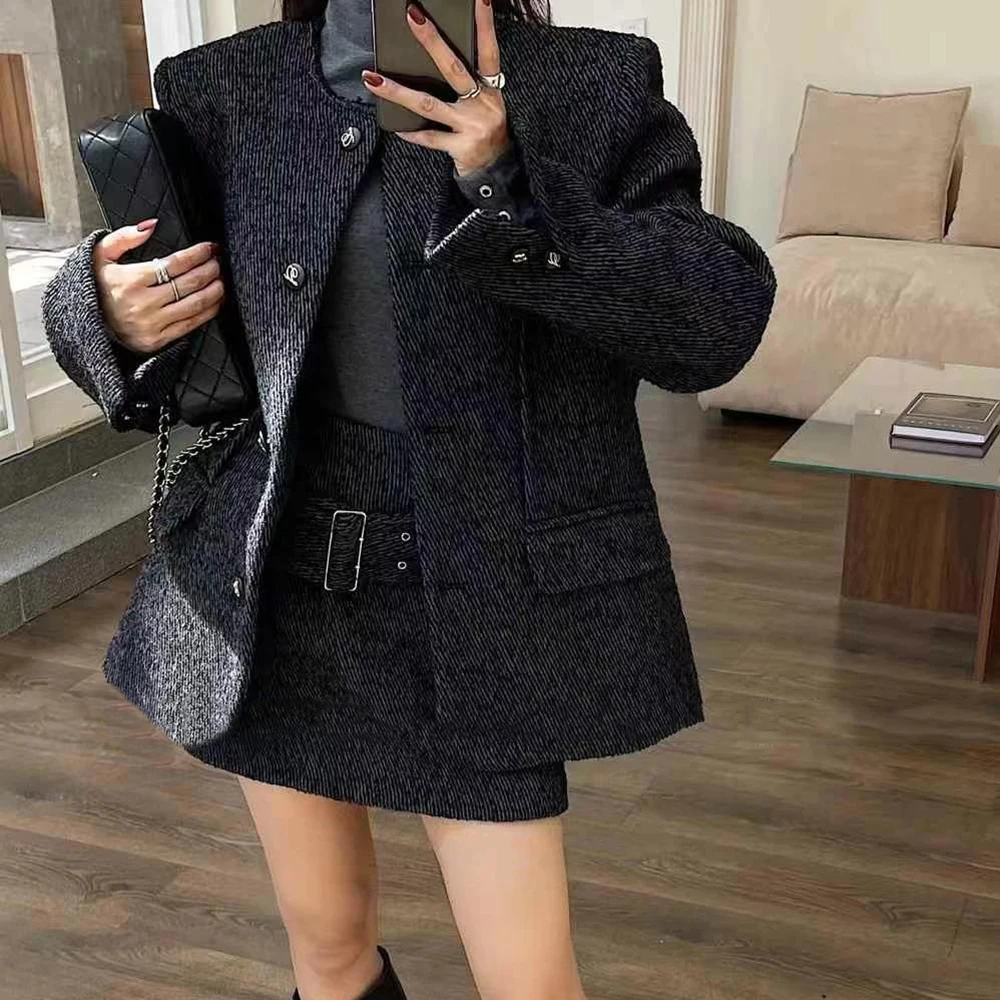 TWOTWINSTYLE Chic Two Piece Sets For Women Round Neck Long Sleeve Coat High Waist Spliced Belt Mini Skirt Casual Set Female New