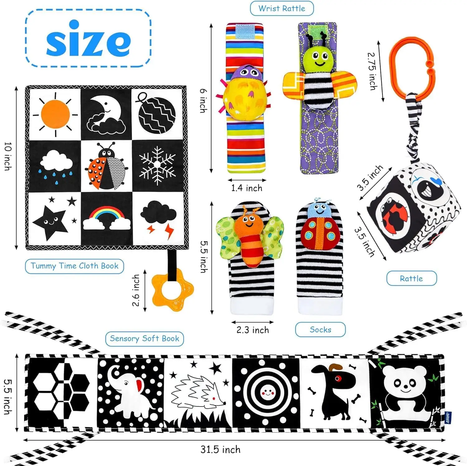 Soft Baby Cloth Book Sensory Toys Black and White Baby Toys for Newborn Montessori Toy for Babies 0-6 Months Tummy Time Toy Gift