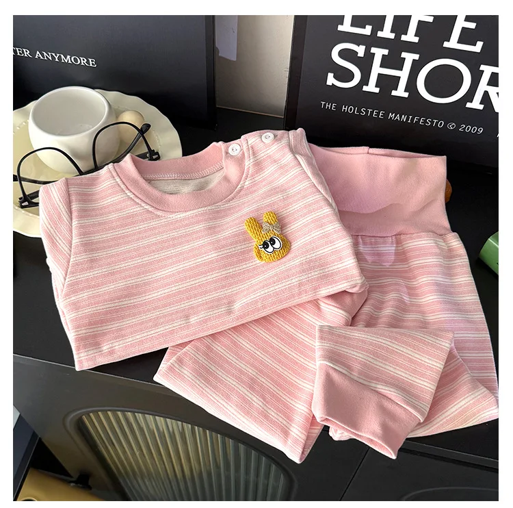 Herbst-Kleidungsset für Kinder, gestreiftes, warmes Oberteil und lange Hose, Freizeitkleidung für Jungen und Mädchen, in Pink und Blau, bequemes Innenbekleidungsset. – Detail 11