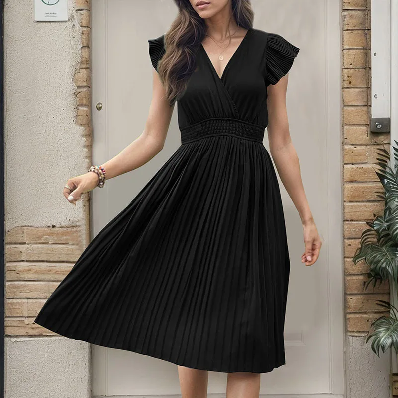Summer New Minimalist Dress Temu New Women\'s V-neck Feifei Short Sleeved High Waisted Pleated Skirt Solid Color Mid Length Skirt