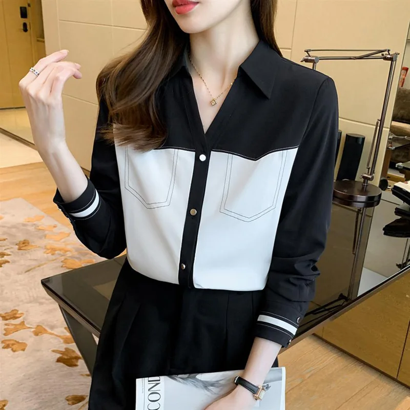 Mode Revers Spliced Losse Knop Chiffon Overhemd 2022 Herfst Nieuwe Casual Tops Elegant Vrouwen Kleding Office Lady Blouses