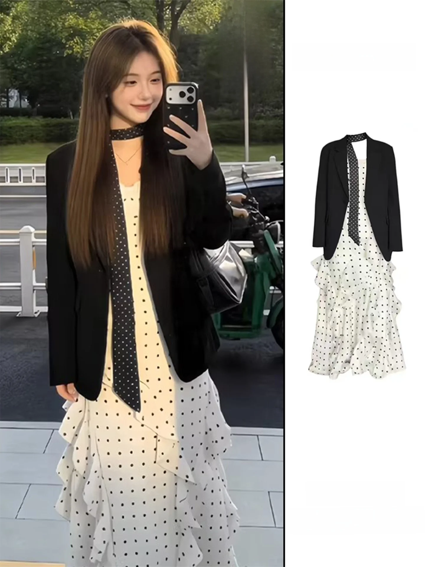 

Ретро-костюм в черный горошек для женщин: повседневный комплект из платья миди и жакета с асимметричным подолом для весны и лета