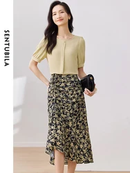 SENTUBILA Women's Floral Skirt Suit 2024 Summer Vintage Crew Neck Short Sleeve Blouse Ruched Skirt Two-piece Set Lady 132Z49799