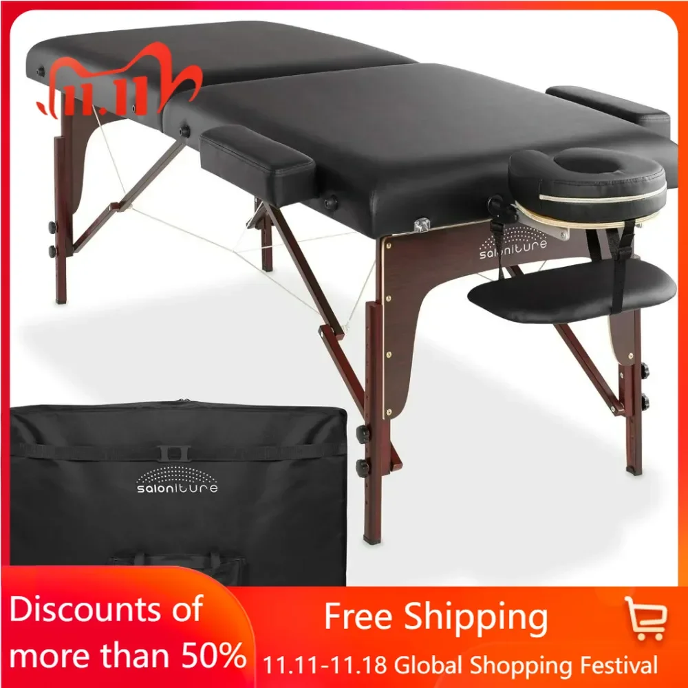 Portable lightweight double-fold memory sponge massage table includes headrest, face cradle, armrest and suitcase shampoo chair.