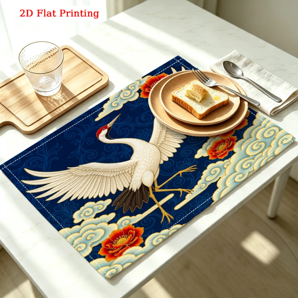 Crane Flying Among Clouds Flowers Kitchen Placemat Coaster Linen Pad Dish Coffee Cup Table Mat 30x40cm Home Decor