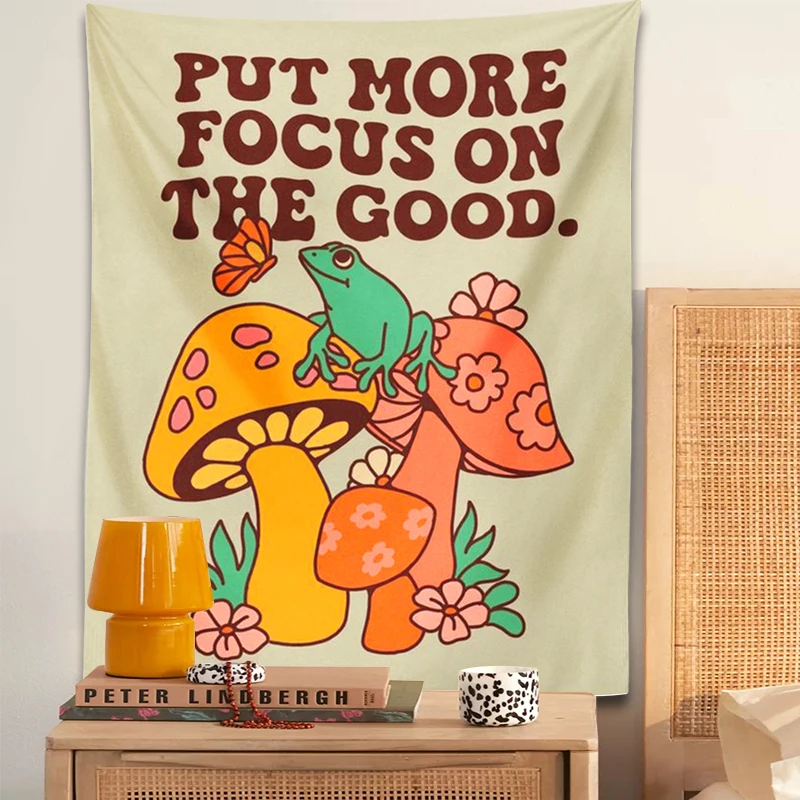 1pc Mushroom Frog Tapestry Wall Hanging Retro Put More Focus on the Good Trippy Aesthetic Room Decor Vintage Boho Wall Art