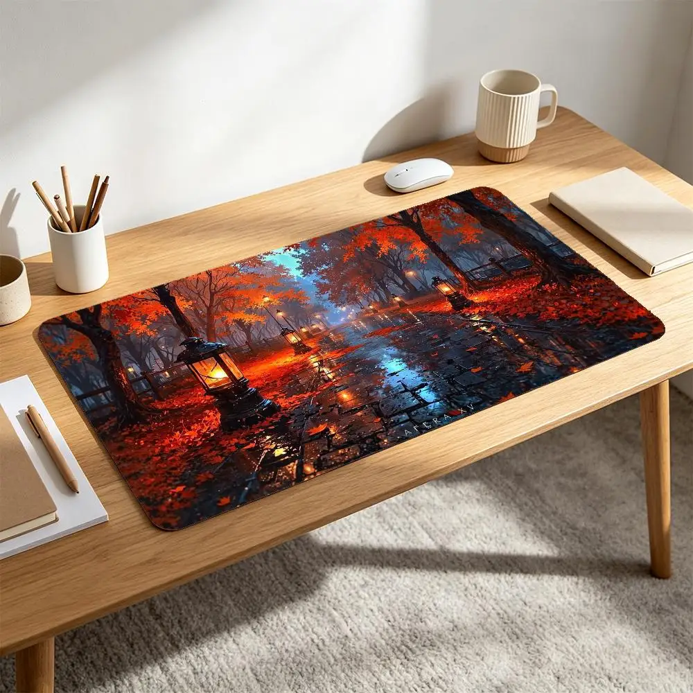 Rainy Autumn Maple Path Glowing Lanterns Road Reflection Landscape Gaming Mouse Pad Large Keyboard alfombrillas gaming