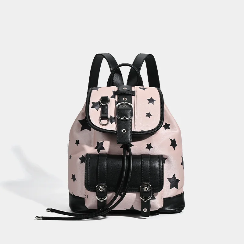 

Sweet And Cool Style Black Star Pleated Backpack Large Capacity Travel Bag Shoulder Handbag with Straps Campus Packa