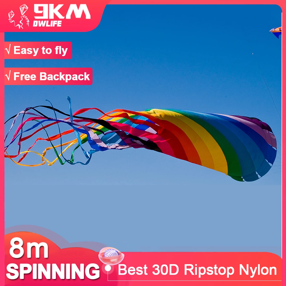 9KM Giant 8m Spinning Windsock Line Laundry Shaped Kite Super Turbine Diameter 1.5m 30D Ripstop Nylon Fabric with Bag