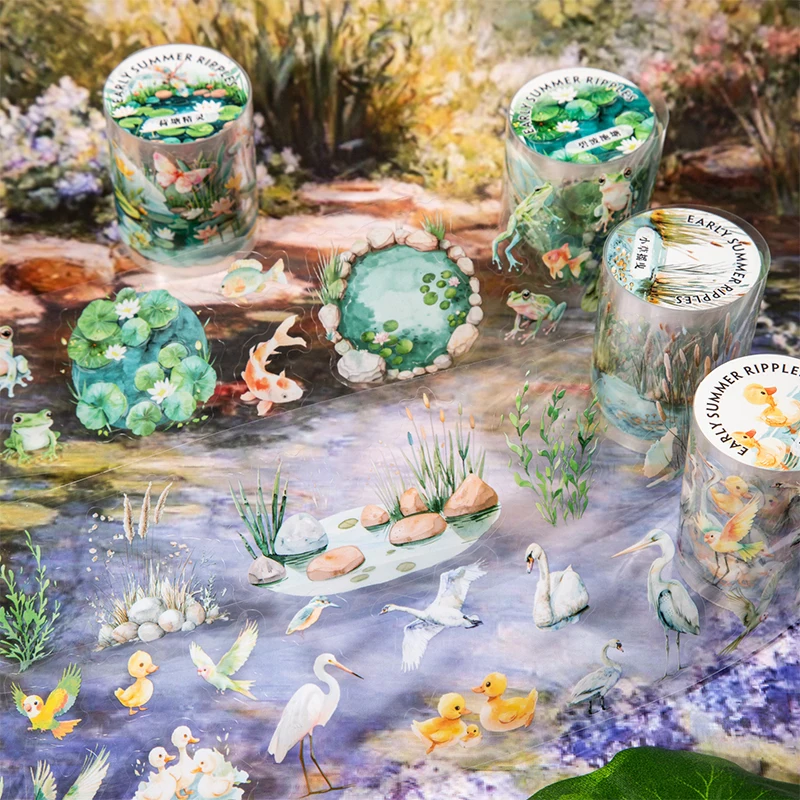 PET Tape For Summer Pond Lotus Duck Pattern Design Creative Background Collage DIY Greeting Card Cup Photo Frame Decoration