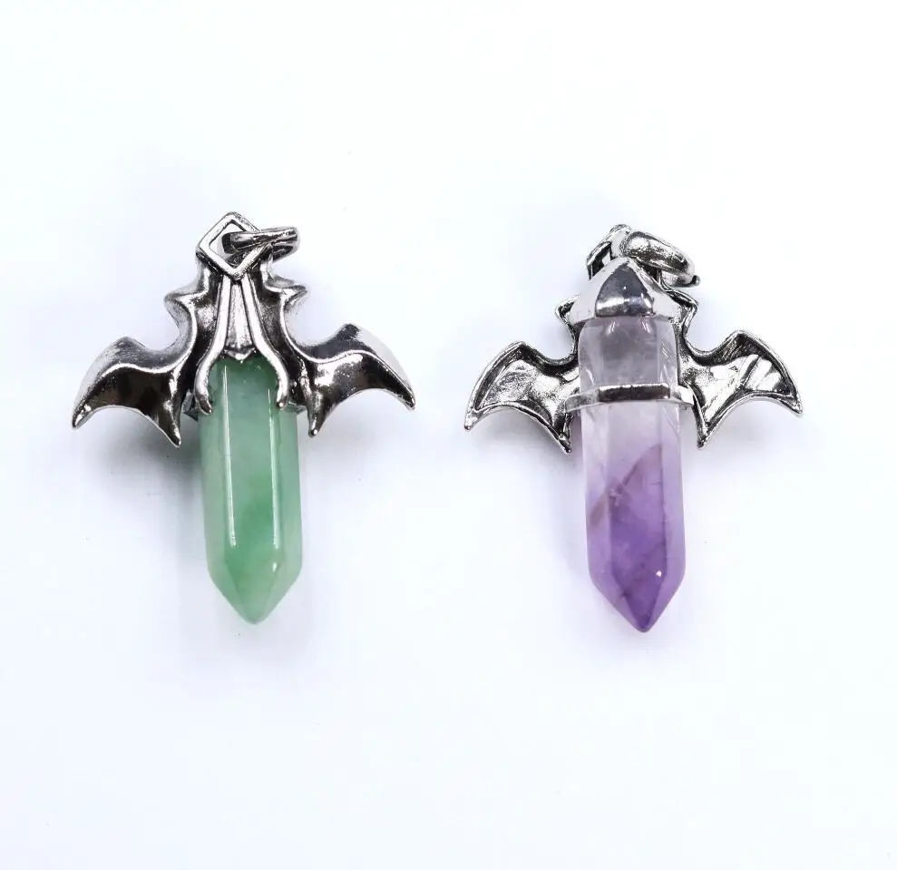 1PC Bat Man Necklace Natural Gem Stone Healing Pink Quartz Hexagonal Crystal Pendant Vintage Jewelry for Women F1707