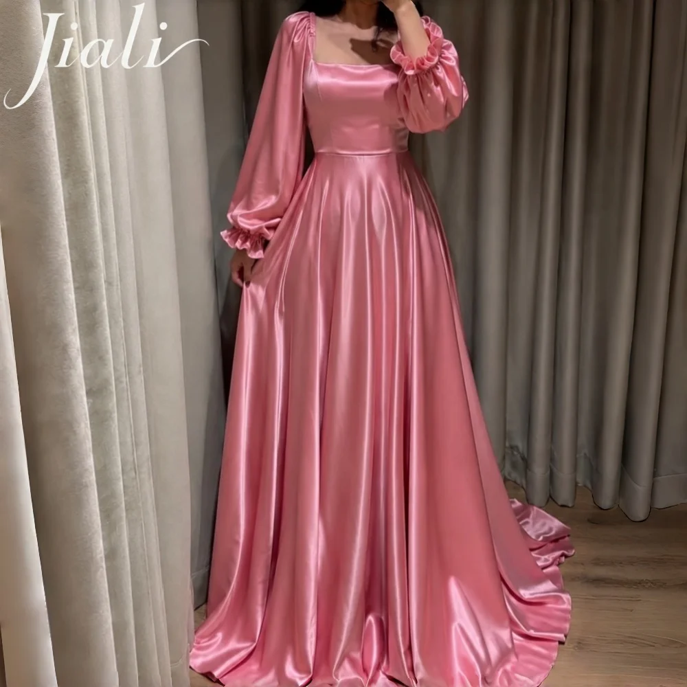Jiali Customized Square Collar Long Puff Sleeves Floor-Length Evening Gown A-line Draped Ball Gown Formal Party Dress Satin
