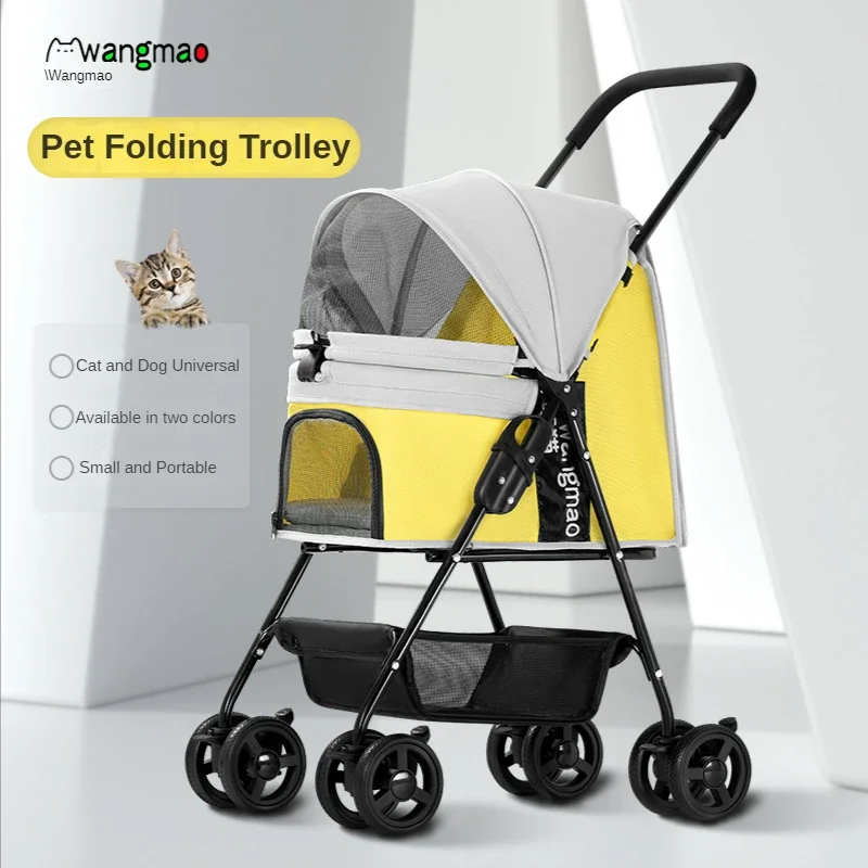 Pet Cat Dog Trolley Carriers Four-wheel Universal Foldable Mini Lightweight with Storage Basket Safety Rope Cat Dog Trolley