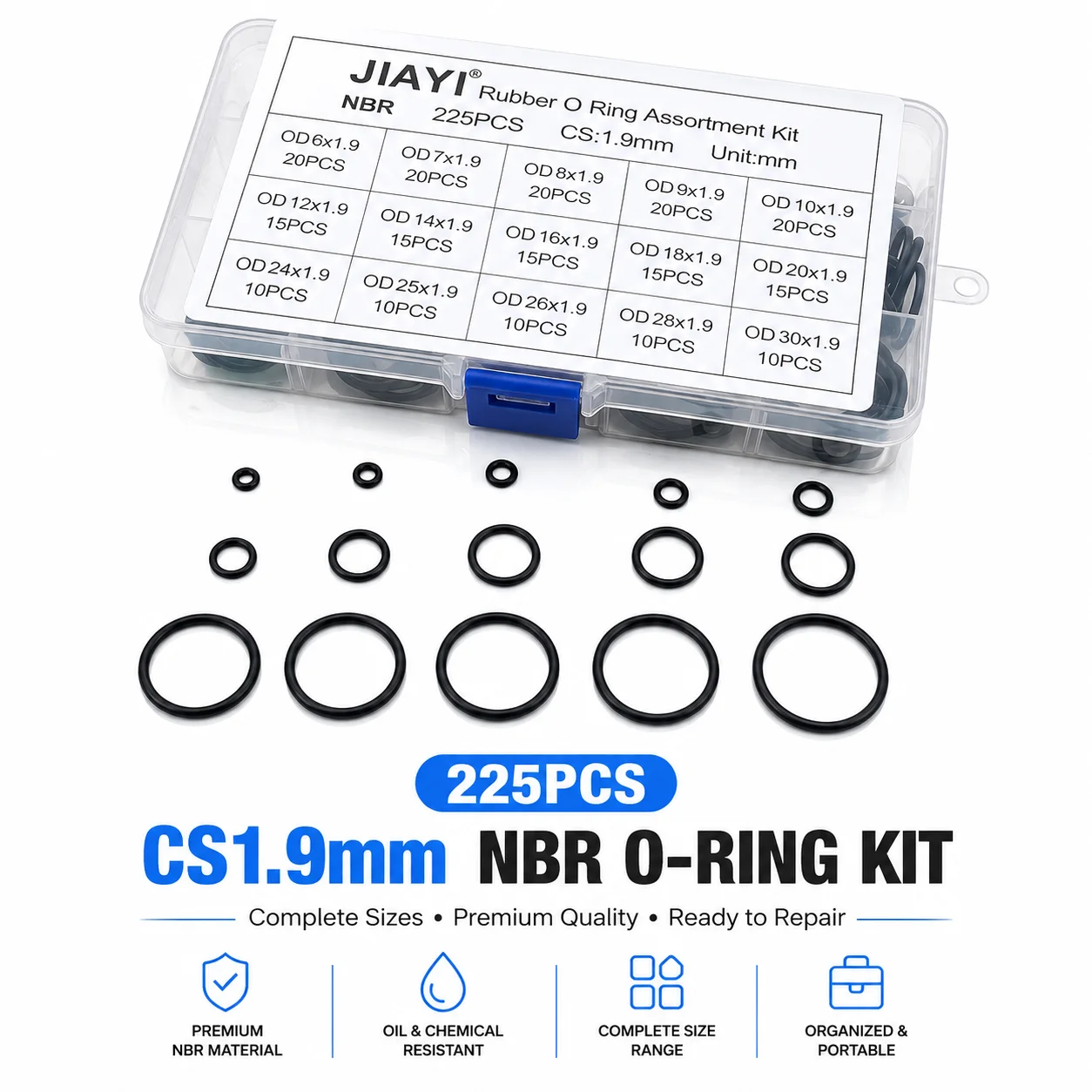 225 Pieces Of NBR Nitrile Rubber O-ring, CS 1.9mm Outer Diameter 6-30mm, Multi Specification Boxed To Prevent Oil Leakage