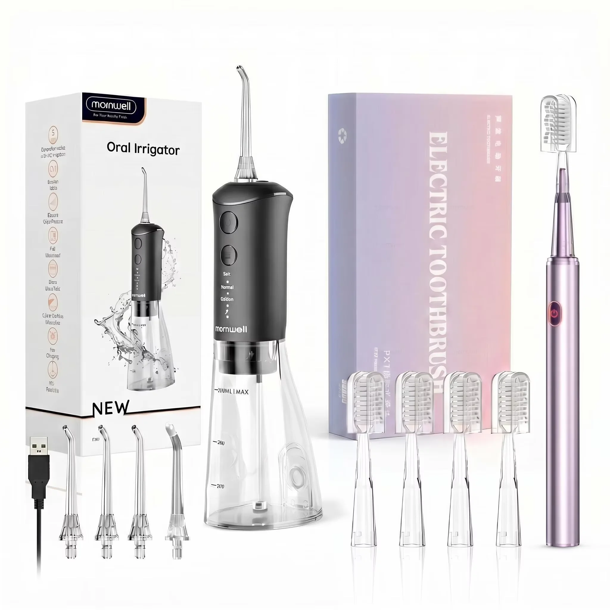 

Electric Toothbrush Water Flosser Combo, 3 Adjustable Water Pressure, 6 Jet Tips, 4 Brush Heads, 300ML Water Tank for Home Oral