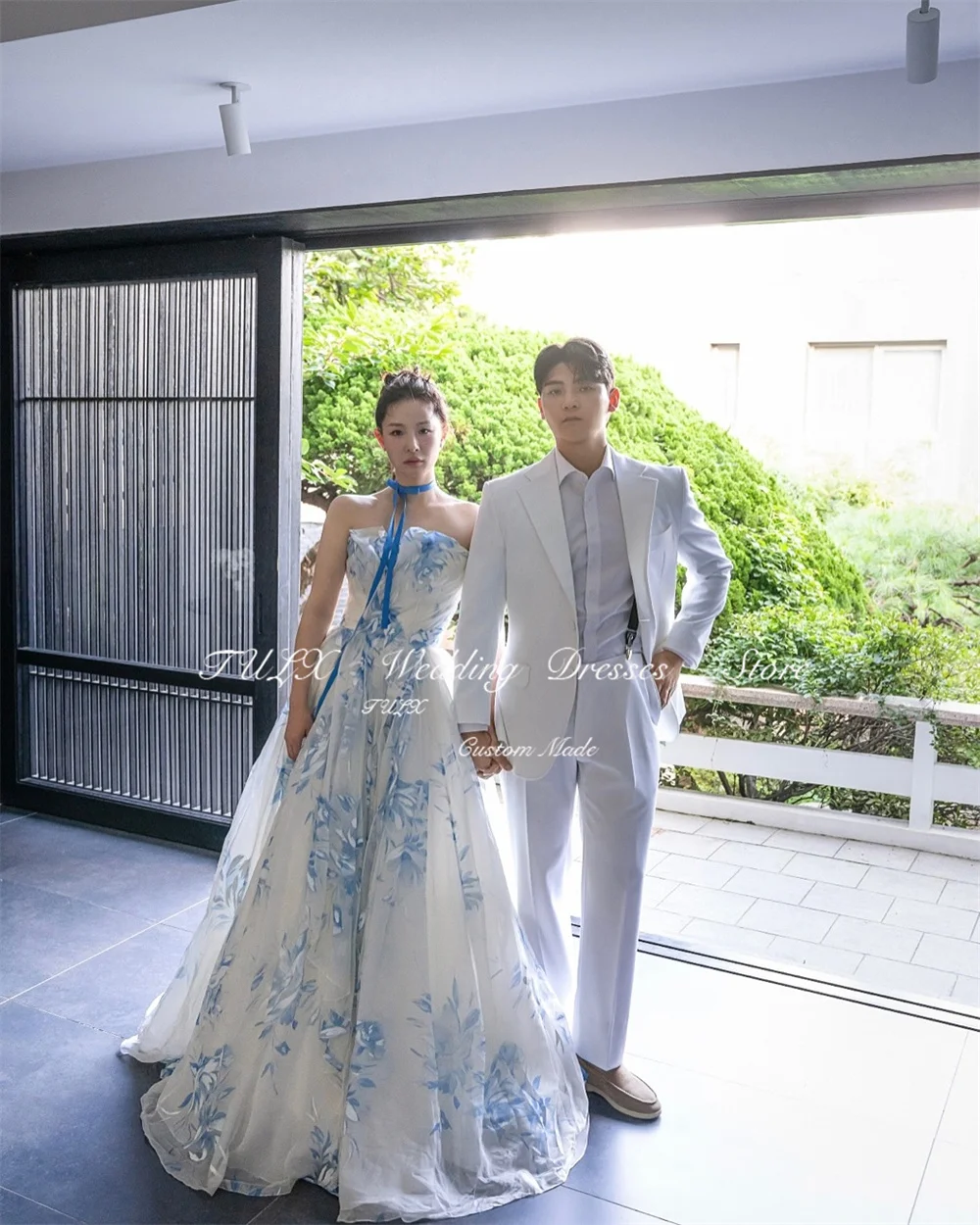 TULX Elegant A line Floral Prints Evening Dress Strapless Pleat Korea Wedding Photo Shoot Dress Floor Length Corset Customized