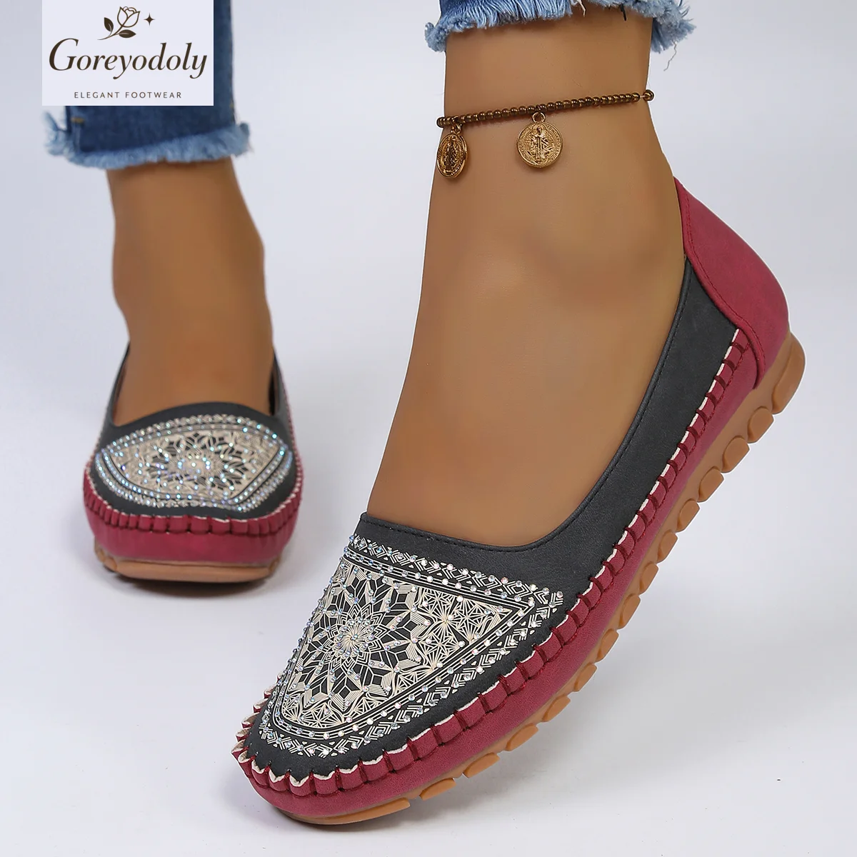 goreyodoly Women Slip On Loafers Wide Fit Comfortable Flats Lightweight Breathable Colorblock Shoes Embroidery Rhinestone Detail