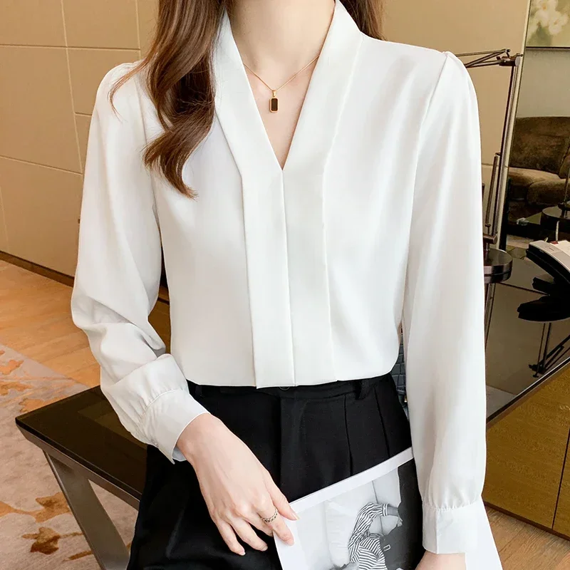 Autumn Long Sleeve White Blouse Women V-Neck Chiffon Blouse Shirt Tops Women Blusas Mujer De Moda 2024 Blouses Femme F162