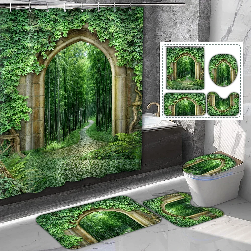 4-piece set of retro green plant door waterproof shower curtain with 12 hooks, waterproof printed curtain, bathroom floor mat