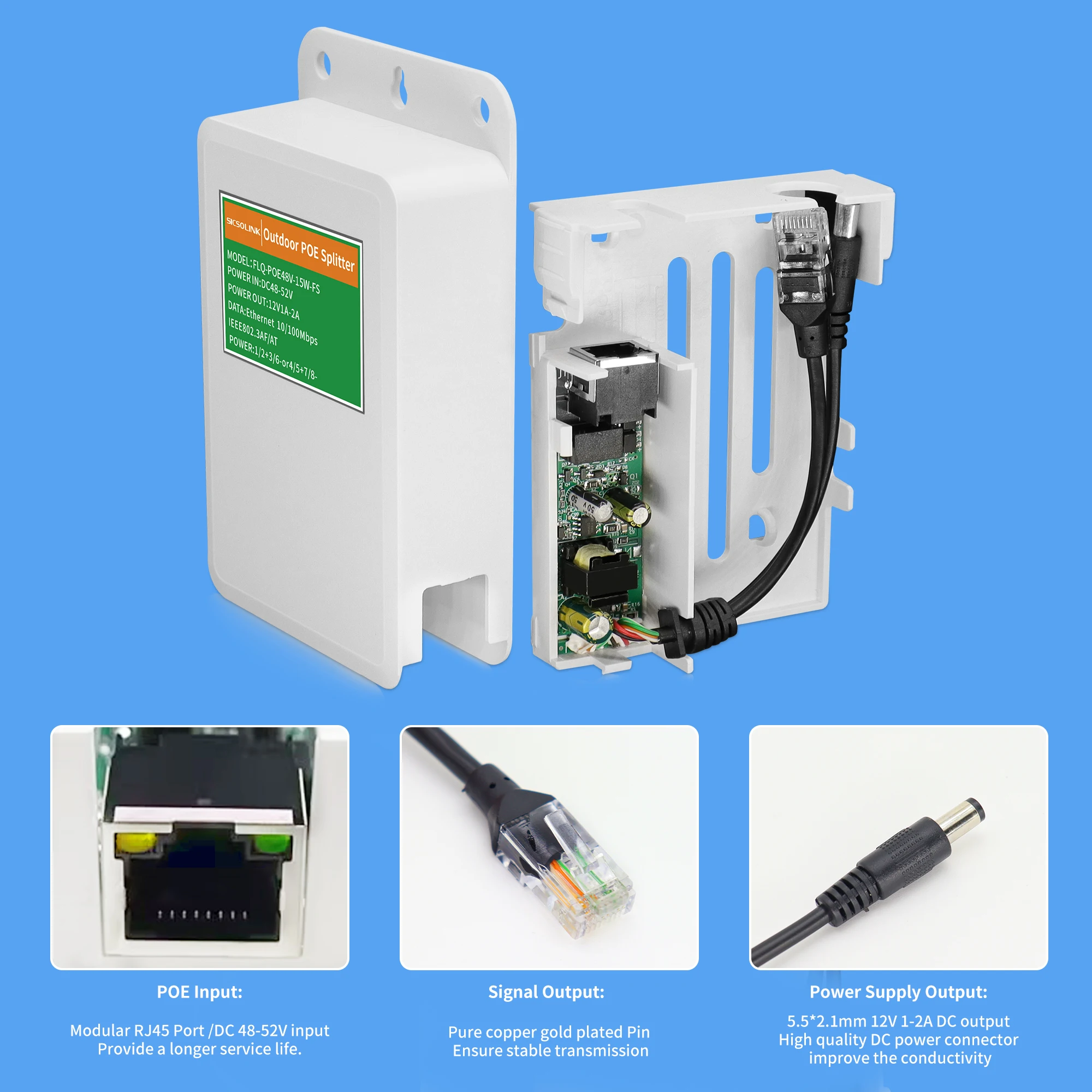 Imagem -03 - Impermeável Poe Splitter Fonte de Alimentação Alimentação Suporte Ieee802.3 af 10100 Mbps 4852v Entrada para dc 12v 12-2a Saída Rj45 para dc 5.5 mm x 2.1 mm