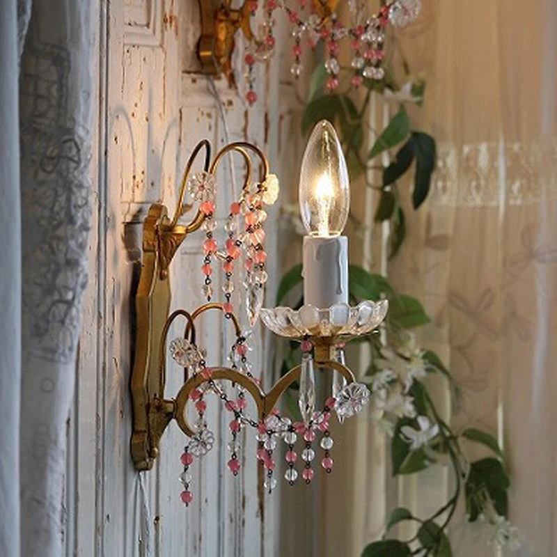 French antique wall lamp with pink beads Napoleon III beautiful crystal wall lamp