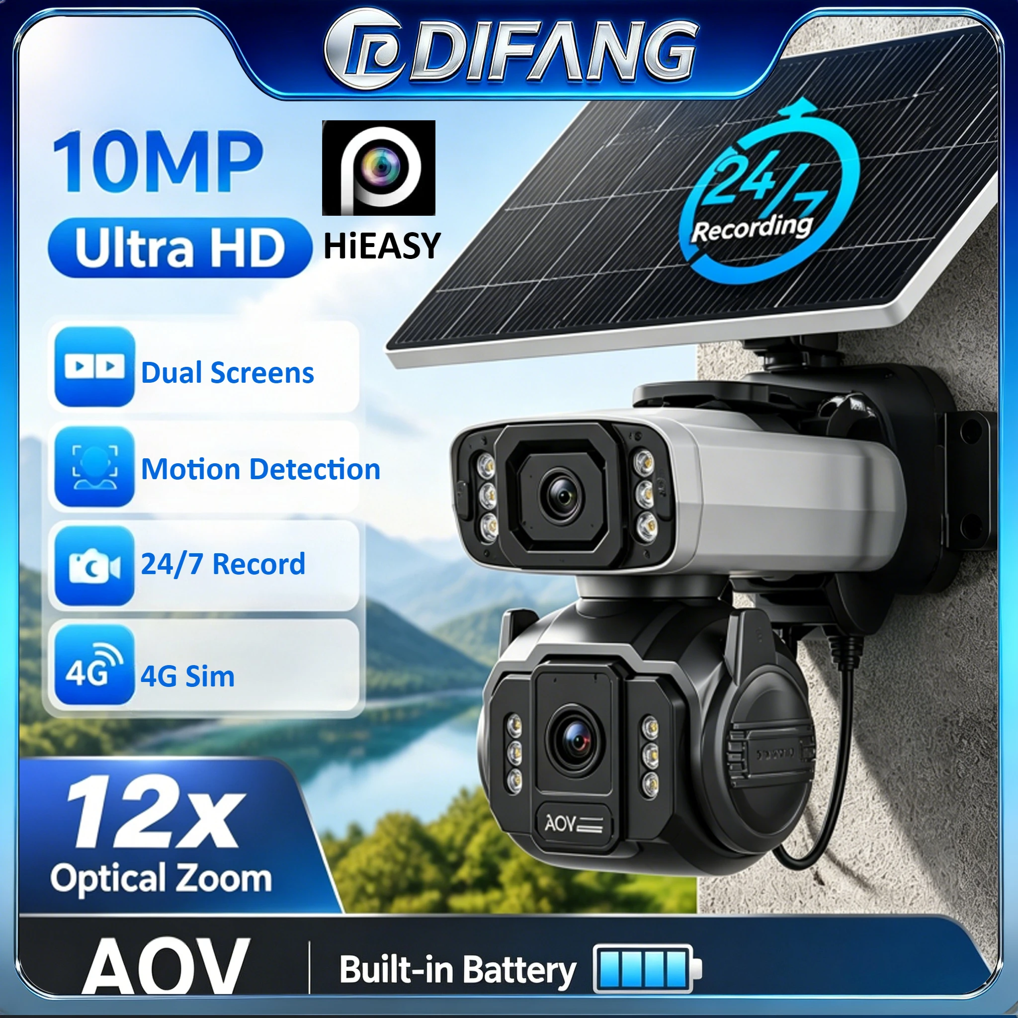 

5K 10MP AOV 4G SIM Solar Camera Security 10400Mah Battery 24/7 Recording 12XOptical Zoom 2-Screens 4G Solar Surveillance Camera