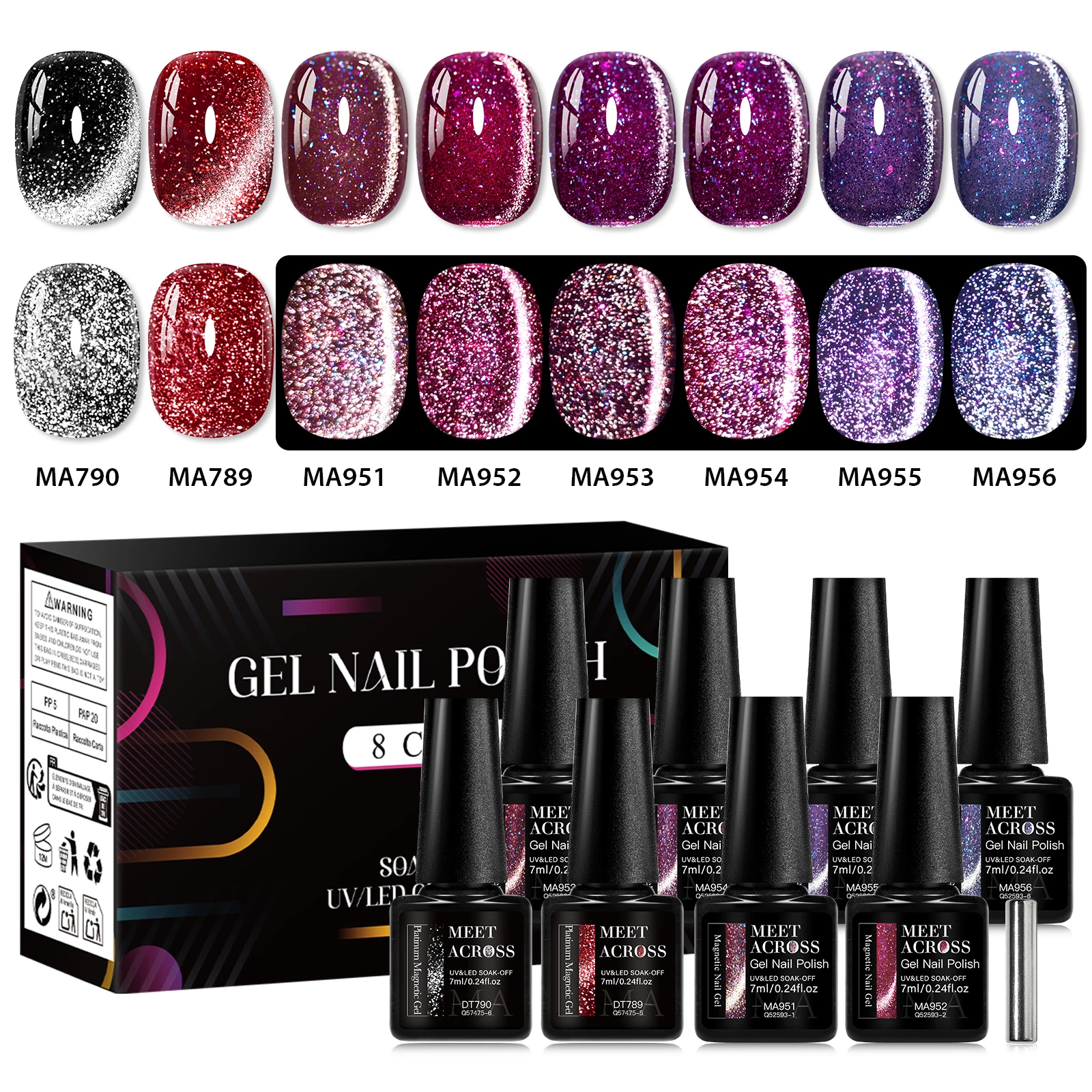 9pcs Reflective Glitter Cat Magnetic Gel Nail Polish Set Wine Red Glitter Semi Permanent Soak Off UV Gel Varnish Nail Supplies