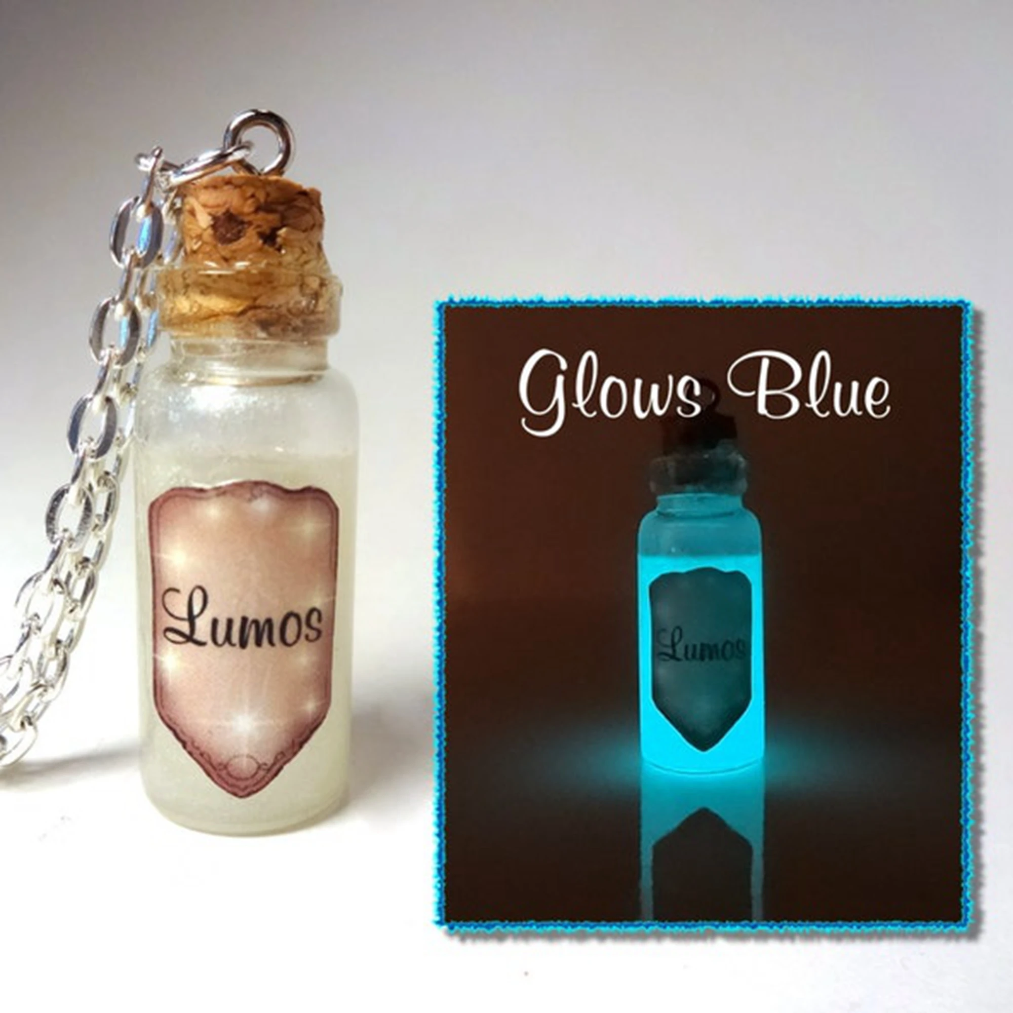 Glowing Lumos Bottle Necklace Glow in the Dark Lumos Light Charm Necklace Glass Bottle Necklace Potion Vial Charm Wizard Spells