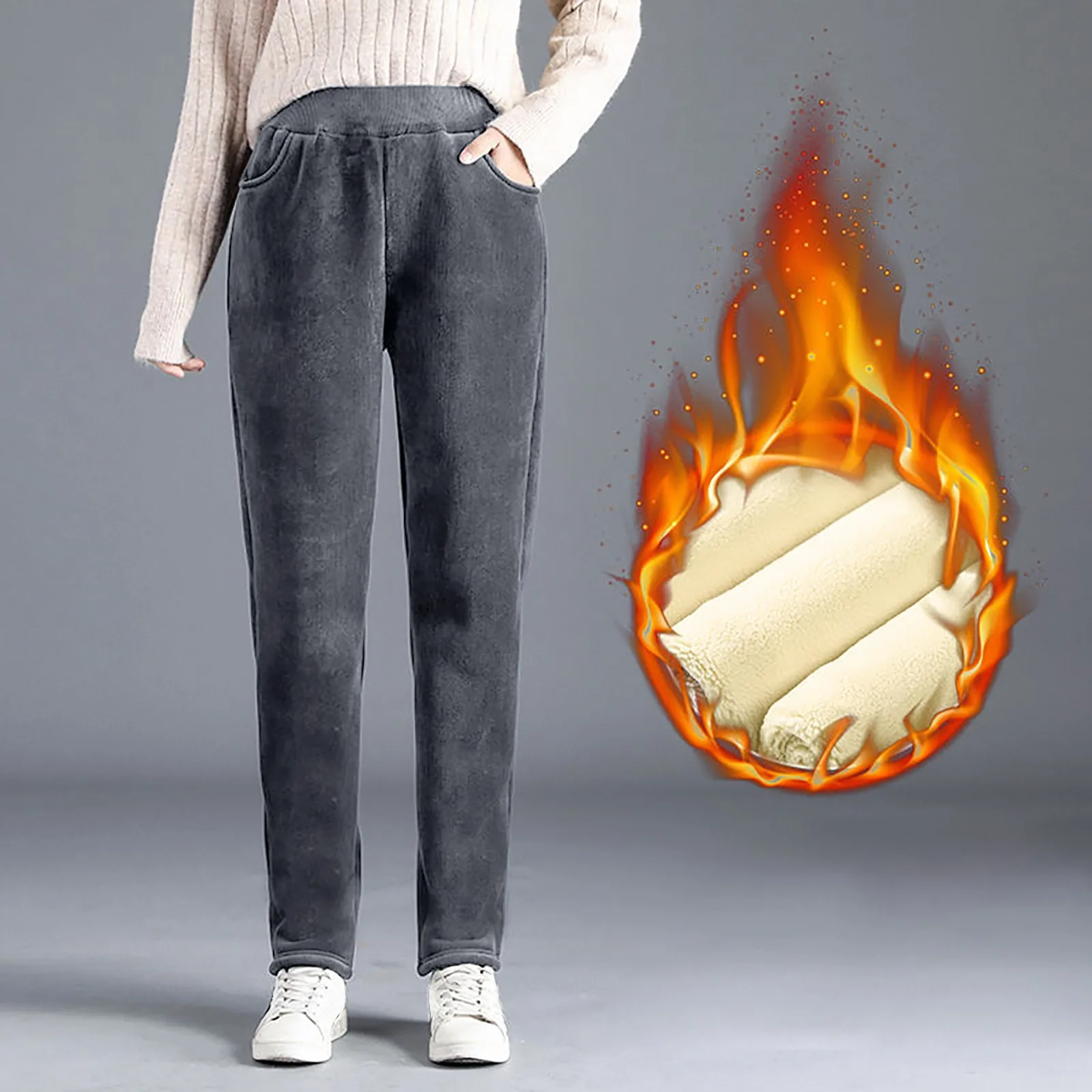 Pantaloni da jogging foderati in pile invernale caldo da donna Pantaloni sportivi termici casual Pantaloni elastici a vita alta spessi in tinta unita