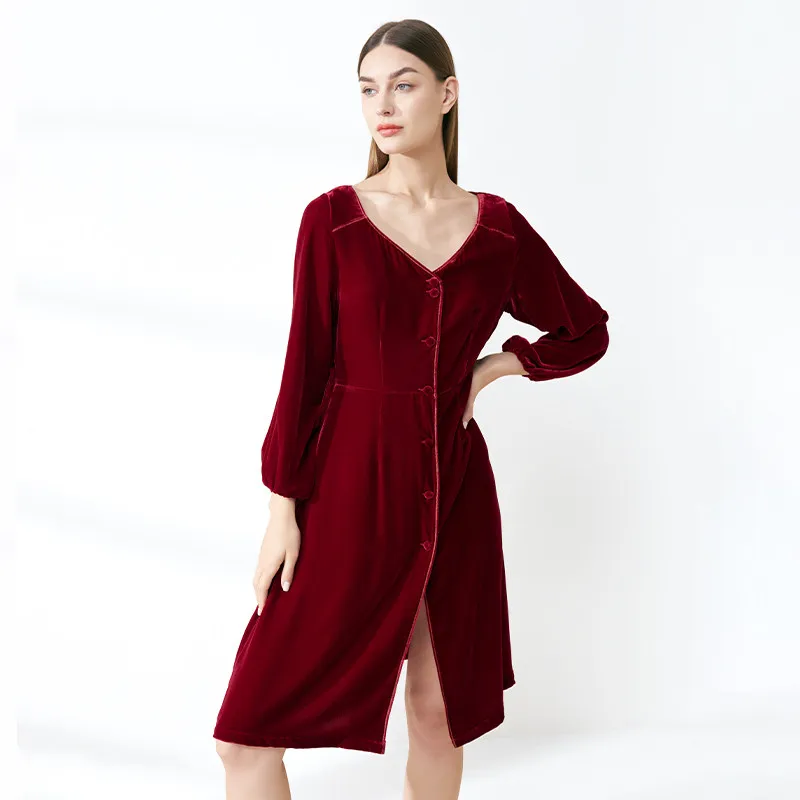 Silk Velvet Nightgown Women French Style Elegant Winter Sleepdress V-Neck Luxury Lounge Gown 100% Mulberry Silk Lined Nightdress