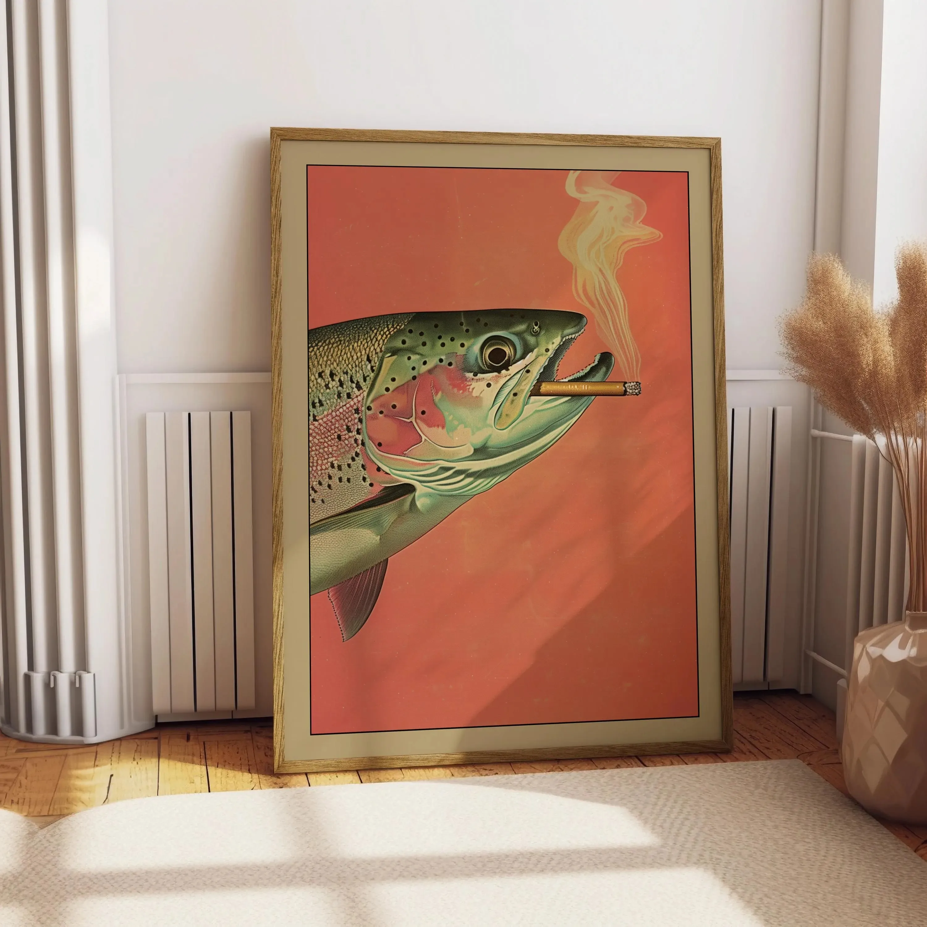 Trout Smoking a Cigarette Vintage Poster Art Funny Retro Whimsical Print Cabin Wall Decor Outdoor Sports Fisherman Illustration