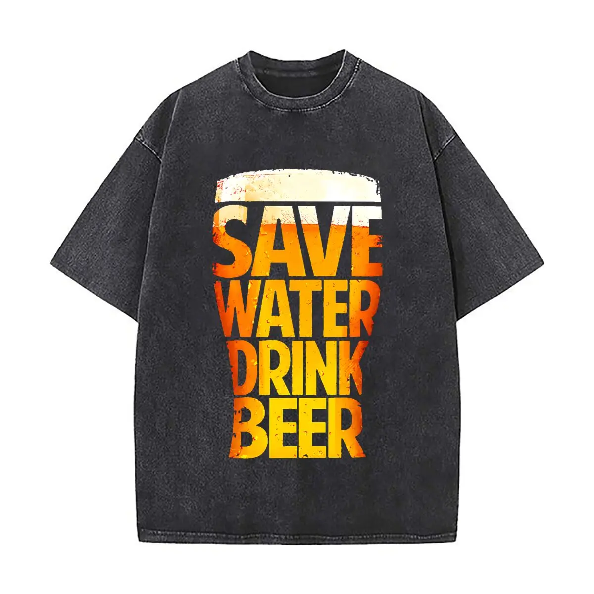 Save Water Drink Beer Foamy Pint Text Graphic Distressed Faded Baggy Streetwear Tops for Park Hangouts