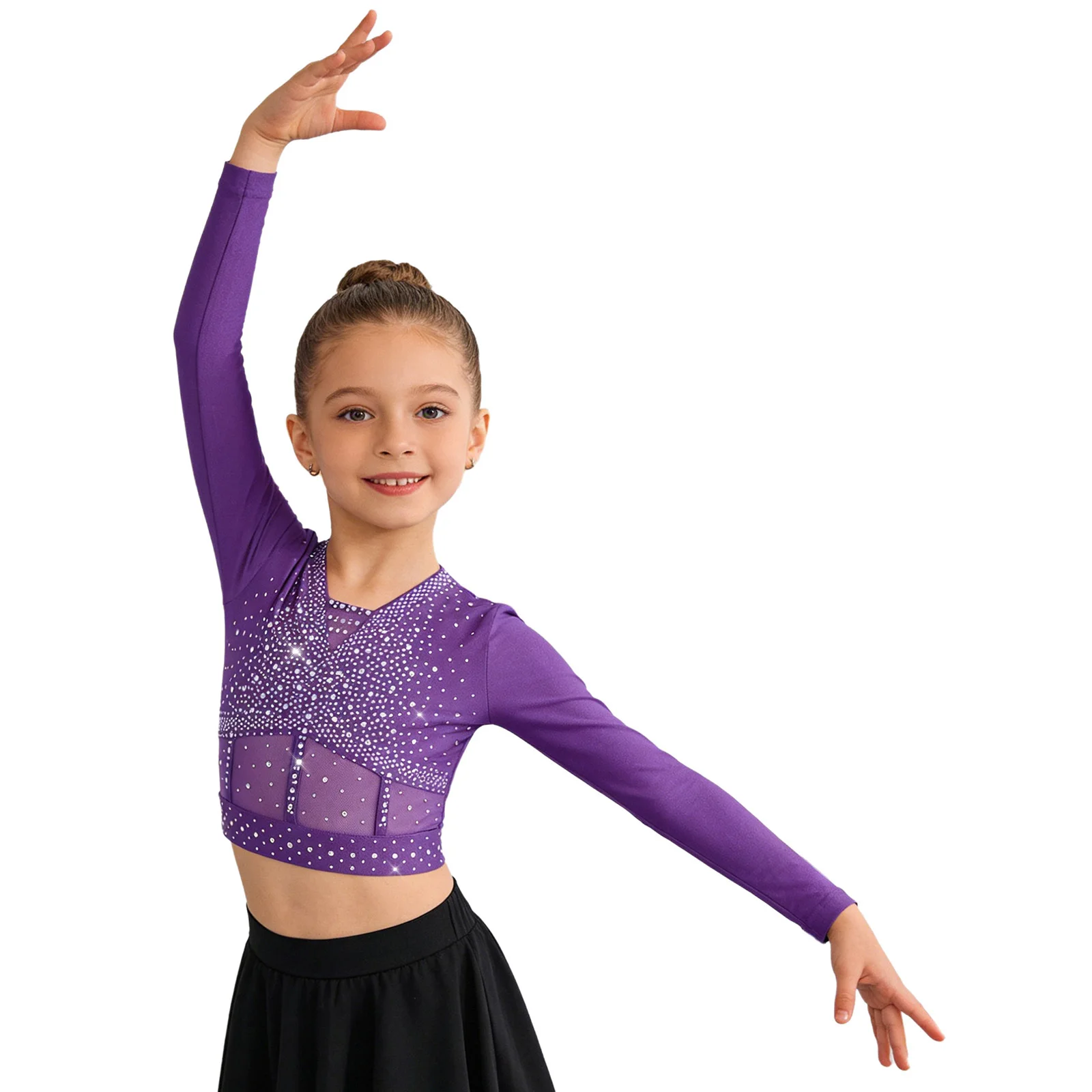 

Kids Girls Ballet Dance Gymnastics Crop Tops Shiny Rhinestones Long Sleeve Mesh Top Acrobatics Figure Skating Modern Dancewear