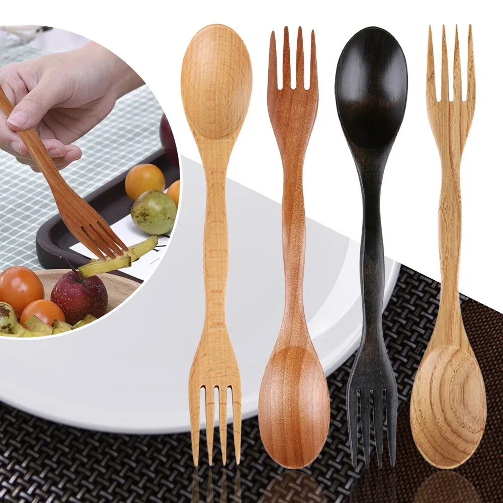 1 PCS Natural Wood Fork Spoon 2 in 1 Dual Head Spoon Fork Practical Durable Tableware Flatware Kitchen Dining Bar Supplies