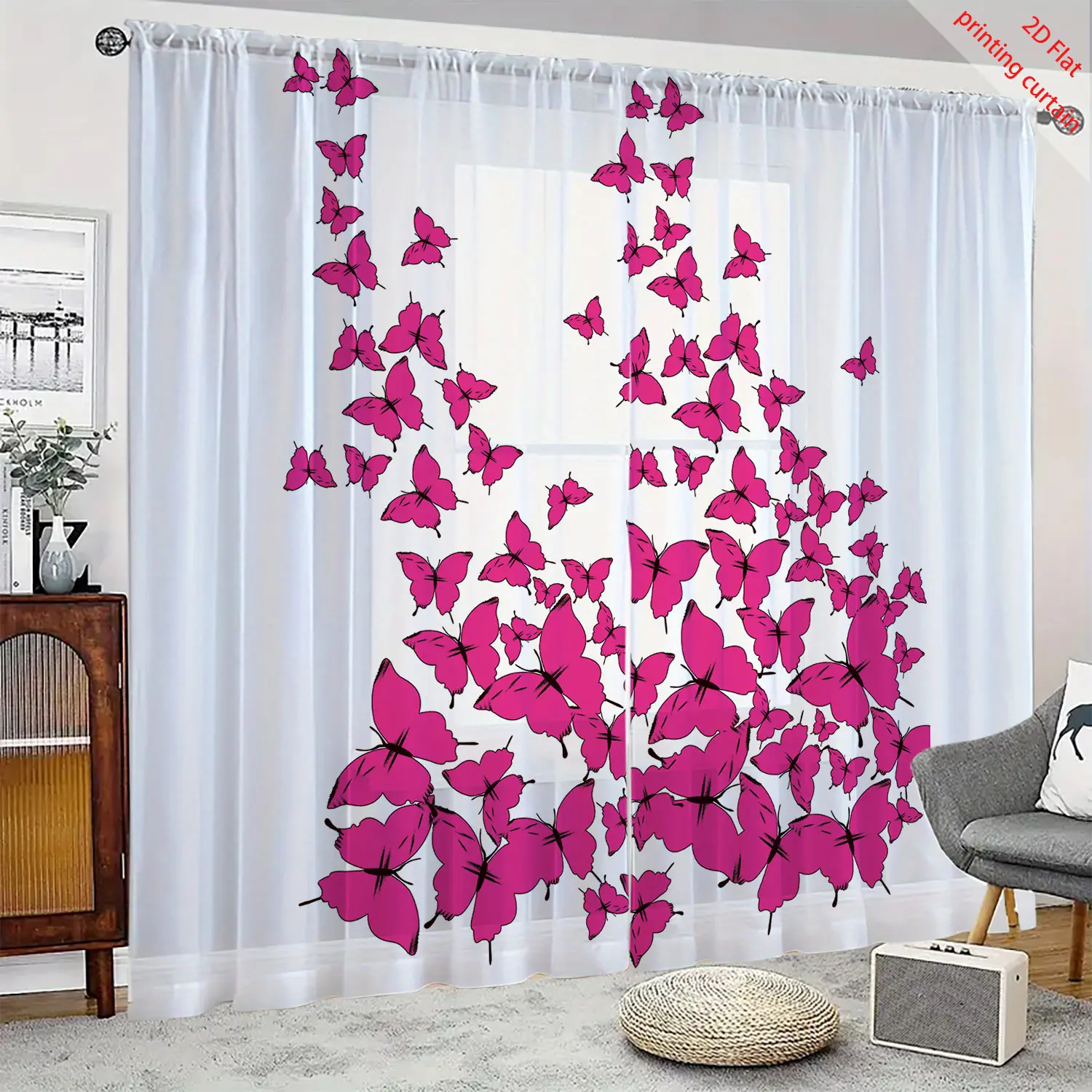 Butterfly and bird printed transparent gauze curtain, used for office,  living room, balcony windows,  dreamy home decoration
