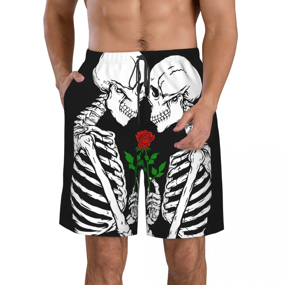 Mens Swimming Shorts Swimwear Rose Flower Skull Love Skeleton Trunks Swimsuit Beach Wear Boardshorts