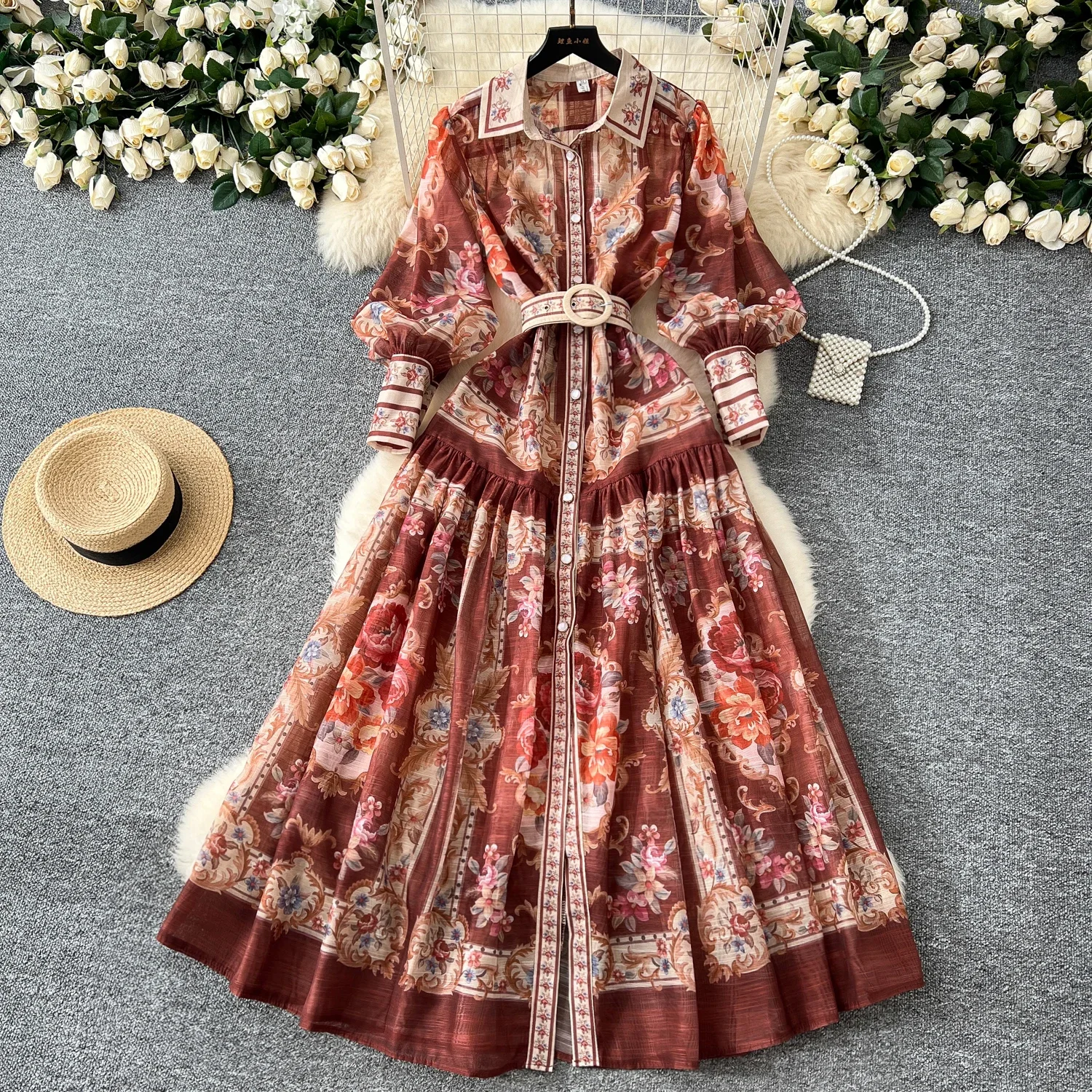 Eleganten Druck Einreiher Schärpen Vintage Umlegekragen Laterne Ärmel Schlankes Langes Kleid Abend High Street Herbst Kleidung
