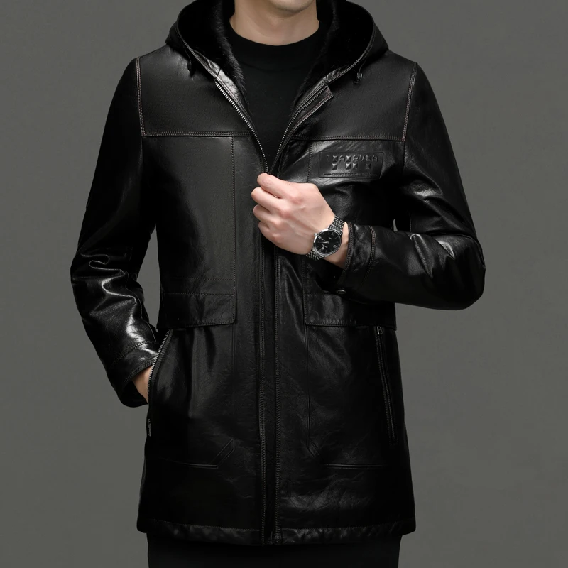 Autumn Winter New Boutique Men Slim Trend Italian Style Fashion Solid Color Casual Leather Jacket Hooded Jacket Sheepskin Coat