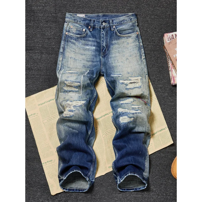 

Men's American Vintage Heavyweight Washed Ripped Jeans, Loose High Street Style Fashion Denim Pants