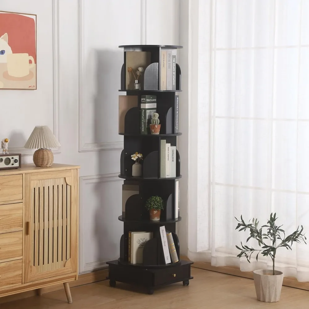 Libreria girevole in legno massello a 360 gradi con cassetti e ruote, libreria girevole per esposizione e conservazione di libri