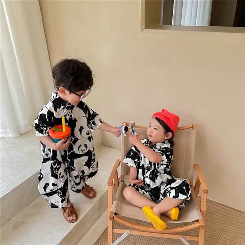 Summer Boys and girls panda print half sleeve jumpsuits Kids turn-down collar ankle length playsuits