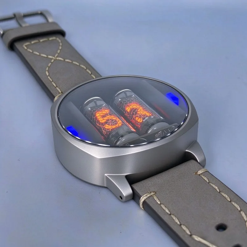 Retro Nixie Tube Watch with Charger Luxury Men Digital Wrist Watch Men's Leather Strap Wristwatch Wireless Charging Timepiece