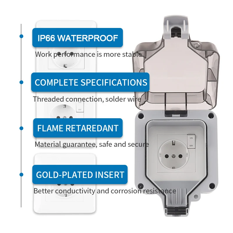 IP66 Outdoor Socket Wall Plug with Waterproof Box EU Standard German Style 250V16A Power Supply  Switch Socket for Home& Garden