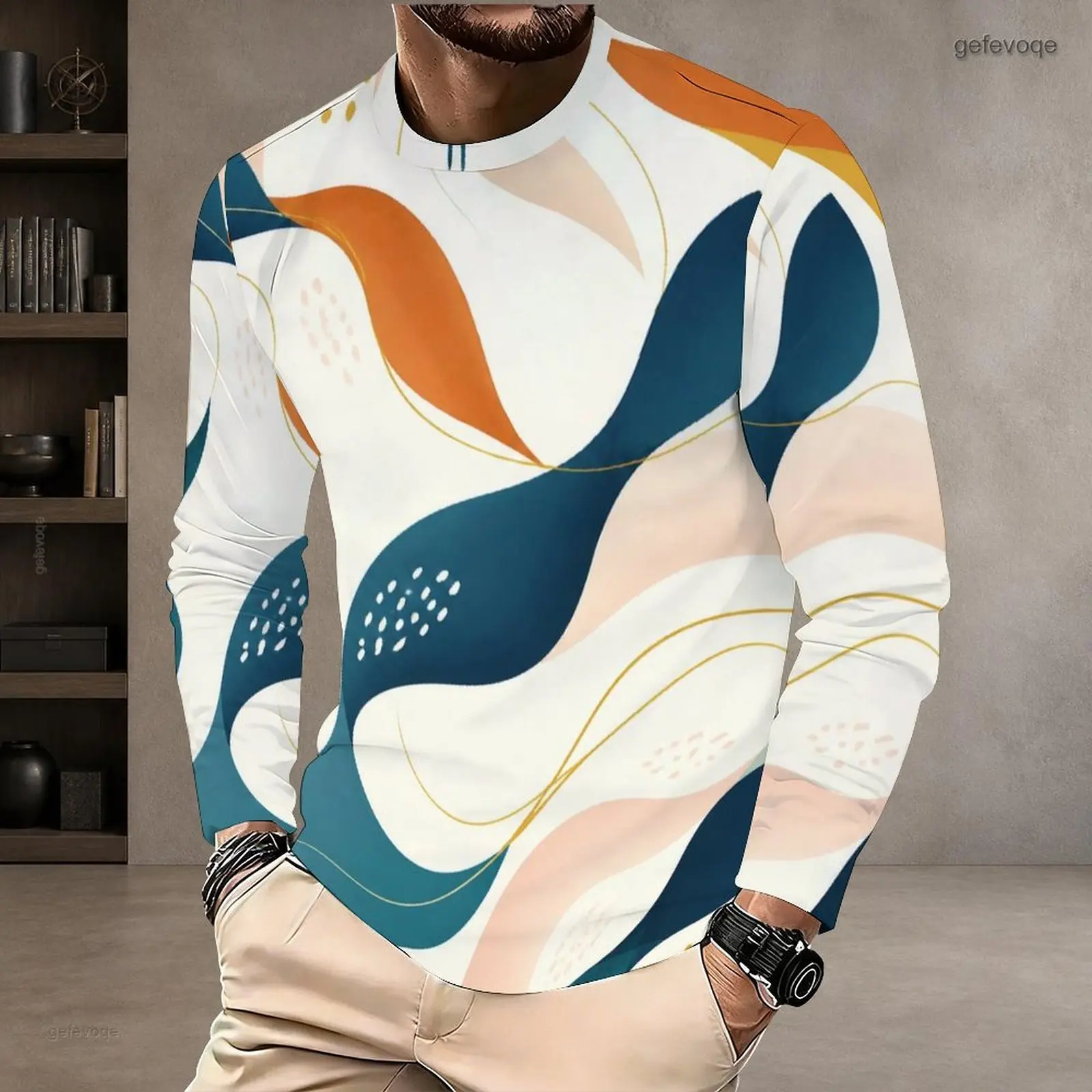 Men Round Neck Long Sleeve Pullover Straight Hem Printed T Shirt