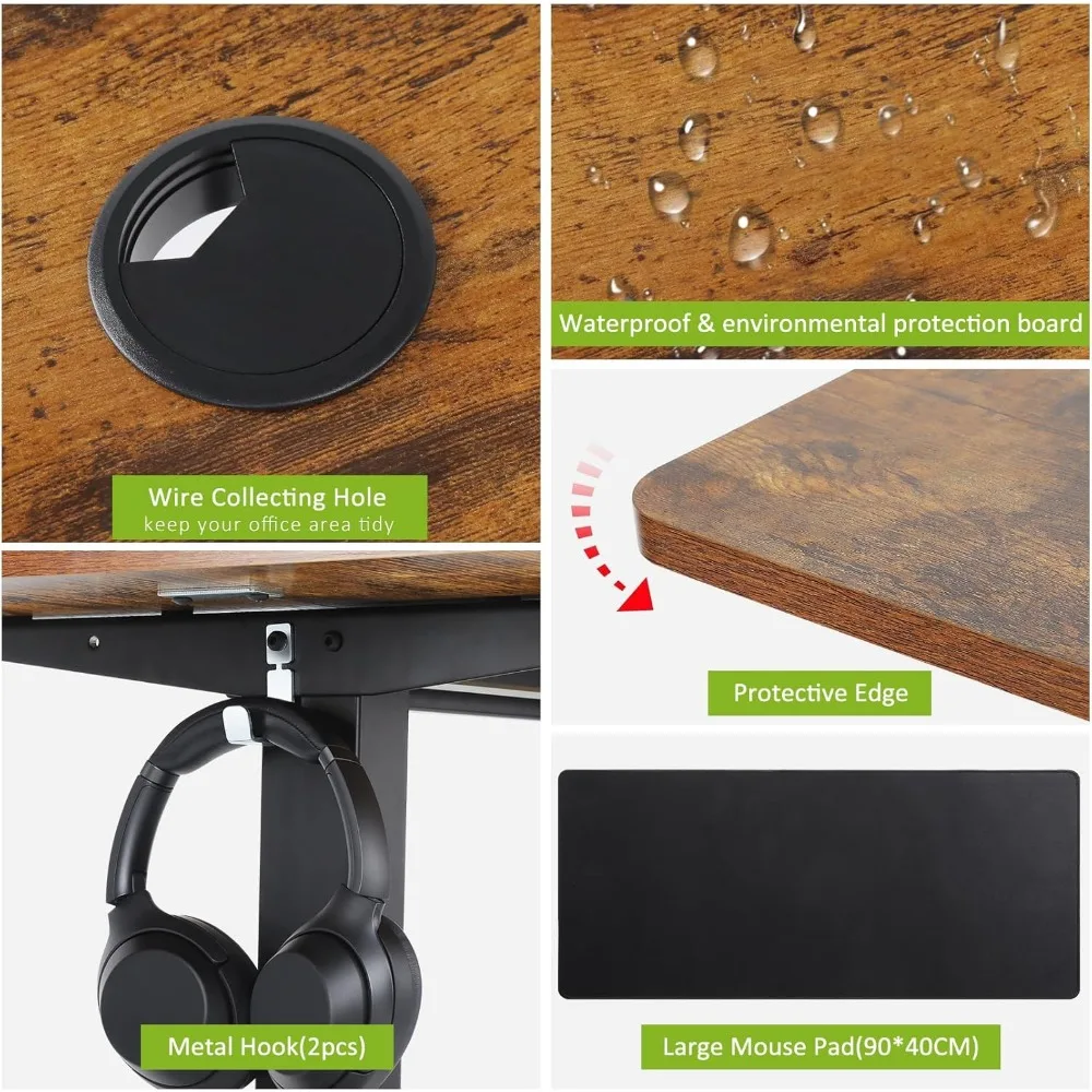 مكتب قائم كهربائي 63 × 24 مع منافذ، مكتب دوار مع لوحة ماوس كبيرة الحجم، 2 منفذ USB و3 منافذ طاقة، Hei مريح