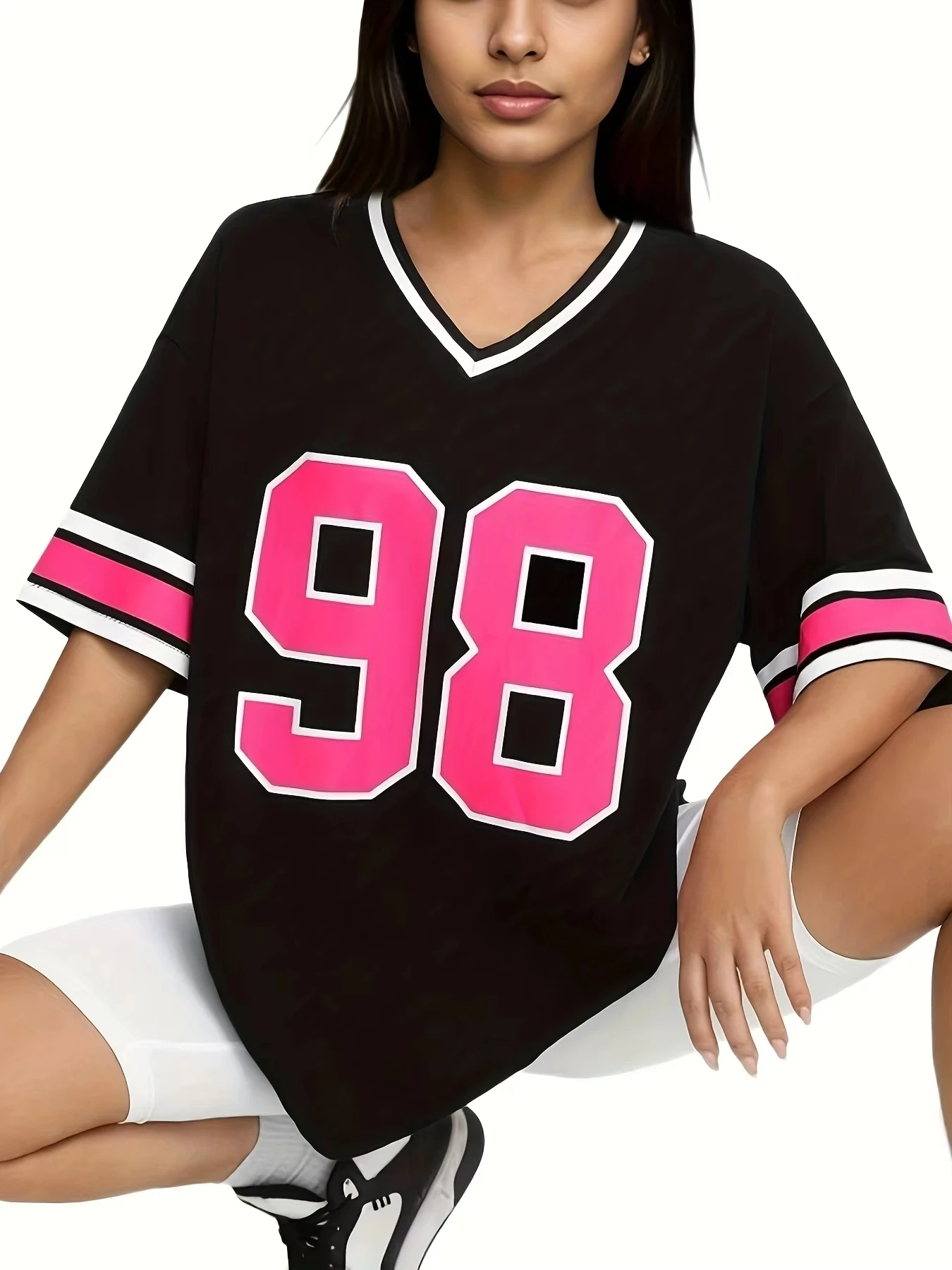 

Женский спортивный трикотаж No 98, футболка с короткими рукавами и принтом, летние бейсбольные майки, большие размеры, женская спортивная свободная удобная футболка