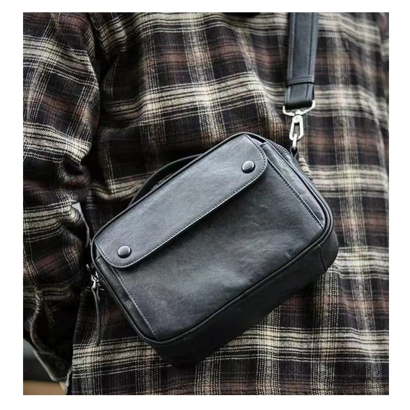 wmnuo Messenger Shoulder Bag Man Original Cowhide Soft Leather Brand Designer Crossbody Bag Male Box Square Handbag Black QX8130