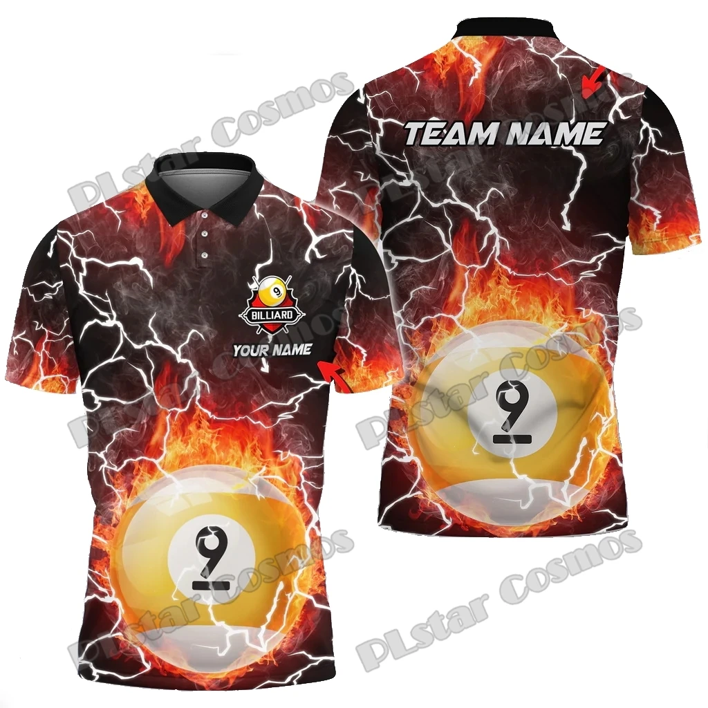 Billiards 9 Ball Fire Colorful Rays Of Light Custom Name 3D Printed Premium Men's Polo Shirt Summer Casual Polo Shirt POL163